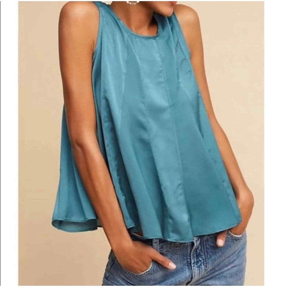eri + ali Anthropologie Teal Satin Pleated‎ Swing Blouse Casual Summer Preppy L